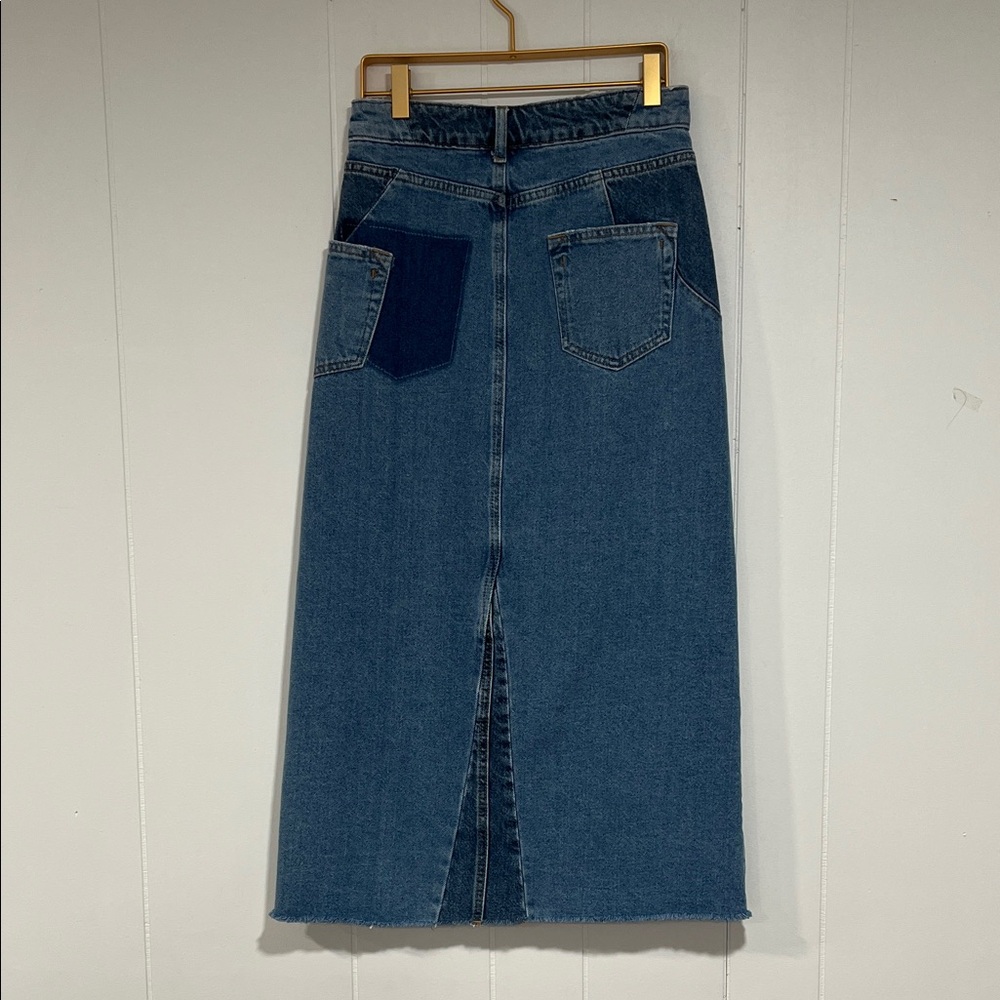 Zara High-Waisted Long Denim Skirt Front Slit Raw Hem sz XS - Picture 2 of 10